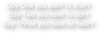 Day One you want to start
Day Two you have to dart
Day Three you have no heart